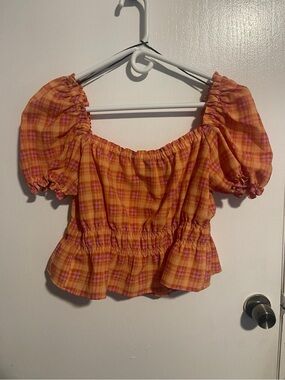 Divided Orange Plaid Puff Sleeve Crop Top
